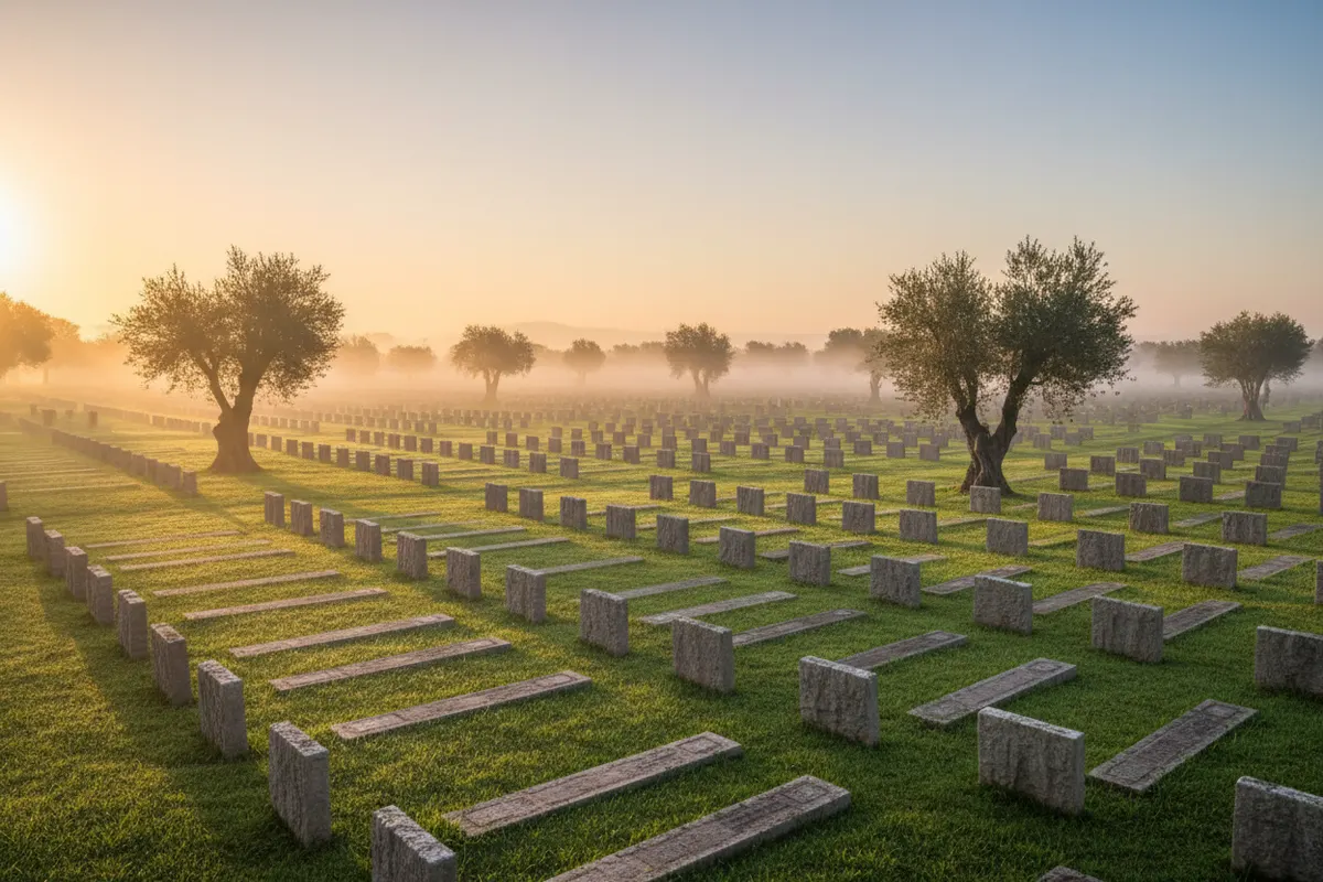 A quiet Muslim cemetery with olive trees at sunrise