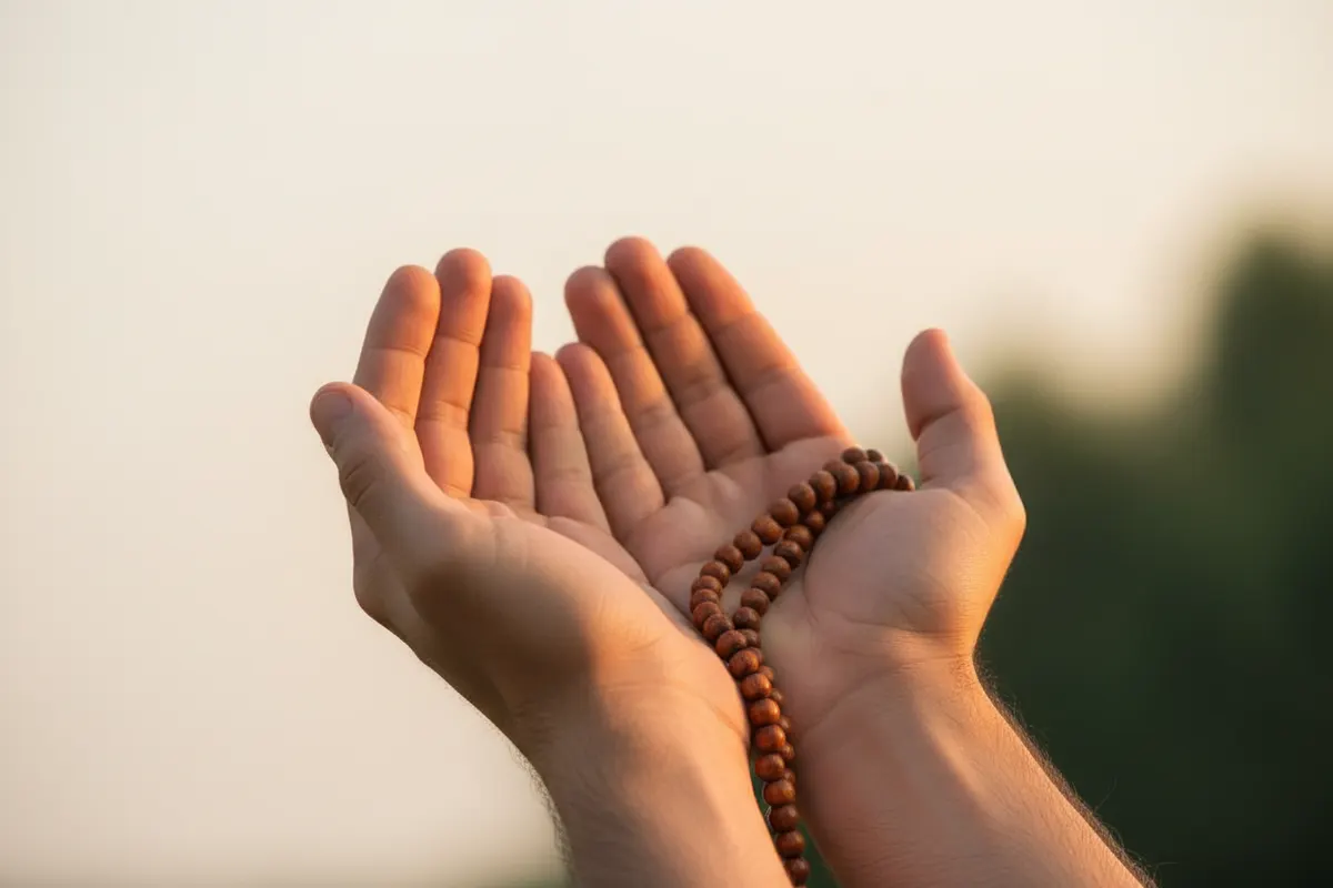 Two open hands raised in du'a, holding prayer beads