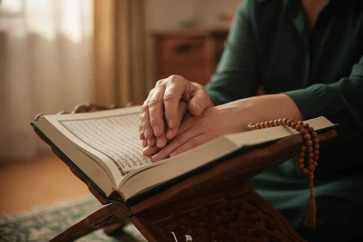 An older man's and a young woman's hands resting together on an open Qur'an