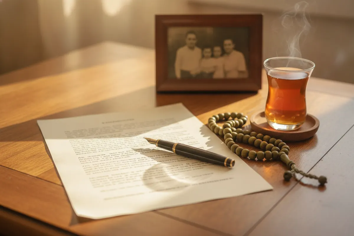 A written will with a pen, a glass of tea and prayer beads on a family table